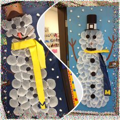 two pictures of snowmen made out of paper plates