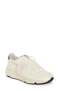 A shooting-star patch arcs across the sidewall of this sporty leather sneaker finished with a signature scuffed finish for effortless laid-back style. Lace-up style Leather upper/textile and leather lining/rubber sole Made in Italy Designer Shoes Pink Leather Sneakers With Speckled Midsole, Golden Goose Running Sole, Goose Shoes, Sole Sneakers, Golden Goose Shoes, Shooting Star, Fashion Board, Laid Back Style, Golden Goose