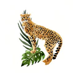 a drawing of a cheetah standing on top of a green leafy plant