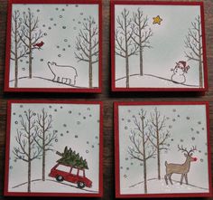 four handmade christmas cards with deer, car and snowman on the trees in winter