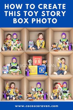 an open box with toys in it and the words how to create this toy story box photo