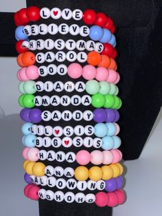 They can also customize. If you want  STRAIGHT after your other text me and let me know how large you want it. $2 dollar each. Personalized Black Beaded Bracelets, Customizable Letter Bracelets For Friendship, Trendy Custom Text Beaded Bracelets For Friendship, Multicolor Custom Text Name Bracelet For Friendship, Custom Text Multicolor Name Bracelet For Friendship, Casual Bracelets With Custom Text For Gifts, Casual Bracelets With Custom Text, Customizable Casual Beaded Bracelets, Multicolor Custom Text Name Bracelet