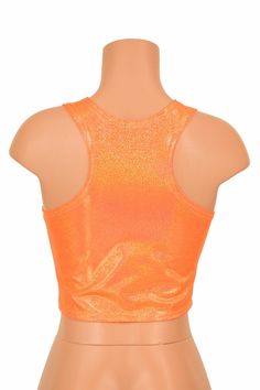 "This item is made to order, please read all the way through the listing before purchasing! This sizzling hot orange holographic crop top has an amazing rainbow shine! It features a scoop neckline in front and an edgy racerback design in the back. It is made of four way stretch lycra spandex, and it fits like a glove! Super figure flaunting and fun! This top is just perfect when paired with any of our bike shorts or high waist leggings for a sporty look. LENGTH: 8\" (from the underarm to the hem Holographic Crop Top, Hot Orange, High Waist Leggings, Rave Festival, Olive Branch, Sporty Look, Bike Shorts, High Waisted Leggings, Scoop Neckline