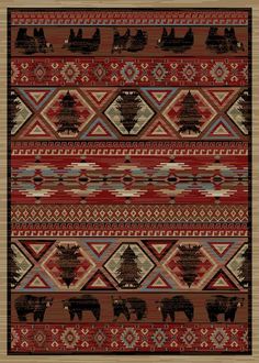 a red and black rug with animals on the front, two bears in the background