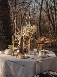 a table with plates, cups and saucers on it in front of some trees