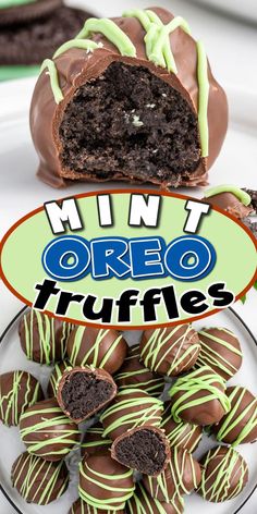 chocolate covered oreo truffles on a plate with the words mint oreo truffles