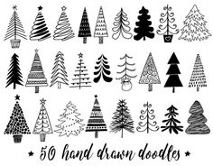 hand drawn christmas trees with the words,'50 hand drawn doodles'in black and white