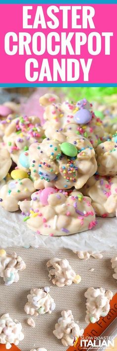 white chocolate crockpot candy cookies with sprinkles on top and in the background