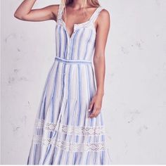 Love Shack Fancy Eve Midi Striped Dress Blue Stripes With Lace Trim And Cutouts Pleated Button Down Front Lined Size Medium Great Condition Love Shack Fancy, Dress Blue, Striped Dress, Blue Stripes, Blue Dresses, Lace Trim, Midi Dress, Stripes, Size Medium