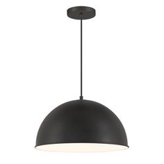 a black pendant light hanging from the ceiling with an oval shade on it's side