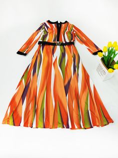 Material:Venetian. 95% Polyester & Spandex. Features:Plus size. long sleeves. patchwork. floor-length. high waist. maxi dress. with a belt.Style: Casual The Floral print pattern position may be random. Fall Multicolor Maxi Dress, Multicolor Patchwork Maxi Dress For Fall, Fall Multicolor Patchwork Maxi Dress, Orange Long Sleeve Patchwork Dresses, Orange Patchwork Maxi Dress, Black Long Sleeve Maxi Dress With Patchwork, Spring Long Sleeve Belted Dress, Spring Long Sleeve Dresses With Belt, Fitted Orange Long Sleeve Maxi Dress