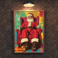 a painting of santa claus sitting in a chair with his feet up on the wall