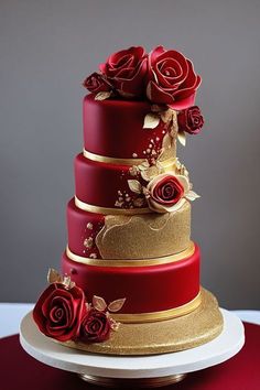 a three tiered red and gold wedding cake with roses on it's side