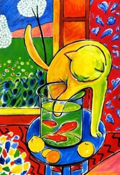 a painting of a cat drinking out of a glass filled with water and goldfish