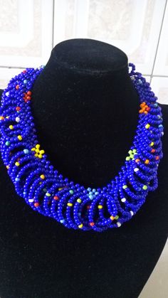 African Beaded Necklace, Blue African Jewelry, Beaded Necklace, Tribal Necklace, Boho Necklace, Wome Bohemian Blue Round Beads, Blue Beaded Chain Bib Necklaces, Blue Beaded Chain Bib Necklace With Round Beads, Blue Bib Necklace With Beaded Chain And Round Beads, Blue Round Beaded Chain Bib Necklace, Adjustable Blue Bib Necklace With Colorful Beads, Blue Beaded Chain Choker, Adjustable Blue Bib Necklace With Round Beads, Blue Adjustable Bib Necklace With Round Beads