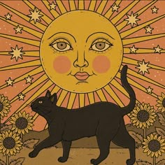 a black cat standing in front of a sun with stars on it's face