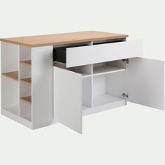 an office desk with drawers and shelves on the bottom shelf is open to reveal a file cabinet