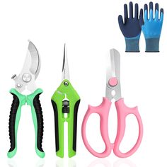 three pairs of scissors are shown with gloves on the side and one pair is open