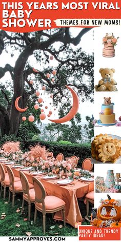 long table outdoors decorated in salmon colors with moons and stars hanging from a tree. Baby Girl Shower Ideas Theme, Baby Shower Ideas Simple, Baby Shower At Home, Baby Sprinkle Theme, Celebrity Baby Shower, Neutral Baby Shower Ideas, Sprinkle Theme, Sprinkle Ideas, Adventure Theme Nursery