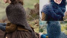 two pictures of a woman wearing a knitted shawl and sitting on a bench