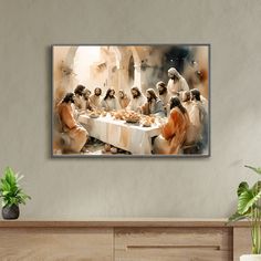 a group of people sitting at a table with food in front of them on the wall