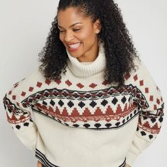 Cloth Anthropologie's Guest Brand, Nordic Print Knit Sweater. Oversized And Slight Crop Fit. See Pictures For Additional Details And Measurements Oversized Fair Isle Sweater, Cozy Brown Fair Isle Top, Winter Geometric Pattern Crew Neck Sweater, Knit Sweater Oversized, Holiday Long Sleeve Fair Isle Sweater, Brown Nordic Jacquard Knit Sweater, Camo Cardigan, Camo Sweater, Fur Sweater