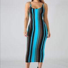 Sleeveless Blue Midi Dress Has Stretch 95% Polyester 5% Spandex Model Is Wearing A Small Damaged Clothes, Blue Midi Dress, Stretchy Fabric, Blue Stripes, Pretty Outfits, Round Neckline, Cold Water, Sleeveless Dress, Colorful Dresses