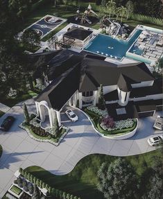 an aerial view of a house with a pool and car parked in front of it