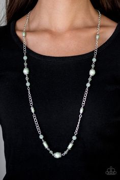 Pearly green, faceted and opaque crystal-like beads trickle along an elegantly elongated silver chain for a refined look. Features an adjustable clasp closure.

Sold as one individual necklace. Includes one pair of matching earrings. Silver Bobby Pins, Heart Shaped Frame, Pink Pearl Necklace, Silver Pearl Necklace, Necklace Sets, Green Pearls, Green Gems, Paparazzi Accessories, Paparazzi Jewelry