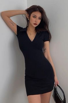 Body Con Dress Outfit, Short Sleeved Dress, Short Bodycon Dress, Grey Outfit, Sleeved Dress, Black Bodycon Dress, Girls Fashion Clothes, One Piece Dress, Polo Dress