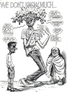 a cartoon drawing of a man standing in front of another person with an evil head on his head