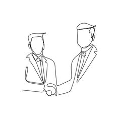 one line drawing of two men in business suits shaking hands with each other on a white background