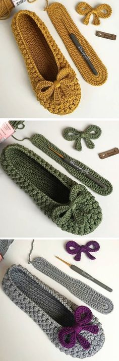 crocheted slippers are being made with yarn and scissors