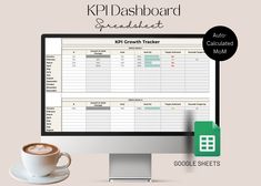 the kpi dashboard spreadsheet is displayed next to a coffee cup and saucer