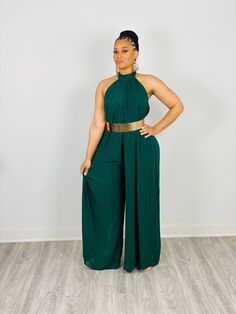 100% Polyester Wide legged haltered jumpsuit Open and back Belt NOT included Fits true to size for most Model is 5’4 wearing a medium Blazer With Jumpsuit Outfit, Green Jumpsuit Outfit Classy, Green Jumpsuit Outfit Wedding, Palazzo Jumpsuit Outfit Classy, Wedding Jumpsuit Guest, Green And White Outfit, Green Jumpsuit Outfit, Wide Leg Jumpsuit Outfit, Emerald Green Jumpsuit