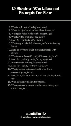 Engaging with shadow work can help uncover the root of these fears and lead to personal growth and healing. Approach these questions with kindness and patience towards yourself, and remember that shadow work is a process. It might be helpful to journal your responses, revisit them periodically, and seek the support of a therapist or a support group if you're dealing with particularly challenging fears. Fear Shadow Work, Shadow Work Journal Aesthetic, Shadow Work Journal Prompts Fear, Shadow Writing Prompts, Shadow Work Trust Issues, Shadow Work For Fear, Fear Prompts, Rejection Shadow Work, Fear Of Being Seen Shadow Work