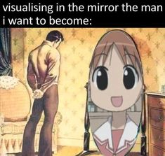 an anime scene with a man looking in the mirror and another person standing next to him