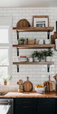 the shelves in this kitchen are filled with pots, pans and other things on them