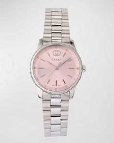 Find GUCCI G-timeless Slim Watch With Diamonds And Bracelet Strap on Editorialist. GTimeless watch from Gucci Case dimensions: approx. 40mm Stainless steel case and bracelet Light pink dial with baton indices Interlocking G and logo text at 12 o'clock White diamonds at 3 o'clock and 9 o'clock GUCCI text from 10 to 2 o'clock and 8 to 4 o'clock Threelink bracelet strap with folding closure Sapphire glass window; antireflecting coating Diamond total carat weight: 0.008 Water resistant to 5 ATM Thre Gucci Diamond Watch With Metal Dial For Formal Occasions, Gucci Formal Diamond Watch With Subdials, Gucci White Gold Elegant Diamond Watch, Elegant Gucci Diamond Watch In White Gold, Elegant Gucci White Gold Diamond Watch, Gucci Classic Diamond Watch With Diamond Hour Markers, Gucci Silver Diamond Watch, Timeless Silver Gucci Diamond Watch, Gucci Silver Diamond Watch For Formal Occasions