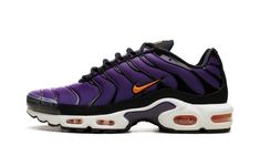 The Nike Air Max Plus "Voltage Purple" is a colorway of the retro performance running shoe with a gradient purple design.  Debuted in 1998, the Air Max Plus is one of the most successful sneakers in Nike’s famed Air Max line.  On the “Voltage Purple” colorway, which is an original colorway of the shoe from ‘98, the shoe’s upper features a mesh upper contrasted with black wavy TPU overlays throughout the design.  A Total Orange Swoosh can be seen on either side.  A classic yellow “TN” badge is fo Purple Nikes, Plus Size Bodycon, Purple Design, Sneaker Release, Purple Shoes, January 20, Nike Air Max Plus, Air Max Plus, Famous Footwear