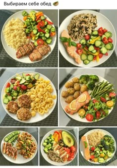 six different pictures of various types of food on plates and in the middle one shows broccoli, pasta, meat, vegetables