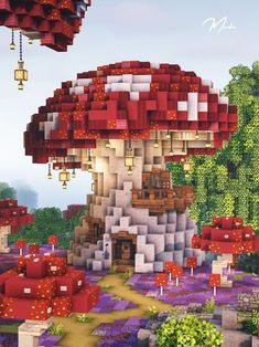 an image of a mushroom house in the middle of a field with trees and flowers