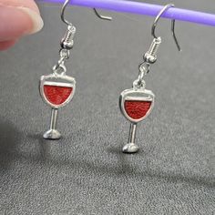 Pretty Earrings Are Silver Colored And Look Like Glasses Filled With Red Wine. Red Hypoallergenic Jewelry For Party, Red Hypoallergenic Party Jewelry, Hypoallergenic Red Jewelry For Parties, Nickel-free Red Earrings For Party, Silver Glass Earrings For Party, Blue Drop Earrings, Turquoise Earrings Dangle, Long Dangle Earrings, Heart Gemstone