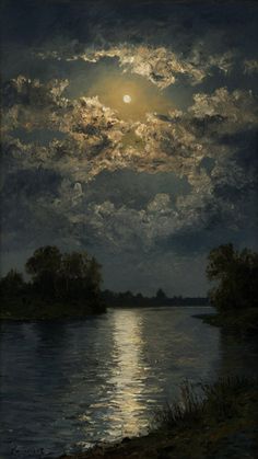 a painting of the moon and clouds over water