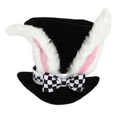 a black hat with white rabbit ears and a checkered bow tie