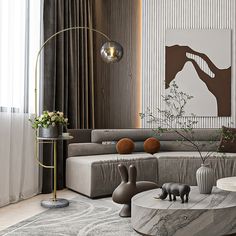 a modern living room with marble furniture and artwork