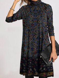 Women Floral-print Long Sleeve Cotton-blend Knitting Dress Fall Midi Dress, Floral Dress Midi, Long Sleeve Vintage Dresses, High Neckline Dress, High Collar Dress, Midi Dress Green, Shift Dress Casual, Work Dresses For Women, Purple Long Sleeve