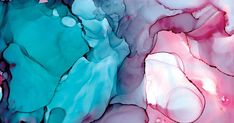 an abstract painting with blue, pink and white colors on it's surface that looks like fluid paint