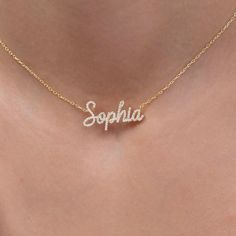 This 14k personalized diamond name necklace is the perfect gift for the bridal party, someone special, or yourself. How to order 1- Pick the fonts you like and send us a message 2- We will send you a picture of your name with the fonts you chose 3- If you like it any of them, place your order. 4- We send a final 3d mock up for approval. 5- Once approved we go ahead and finish your necklace. __________________________________________ M A T E R I A L & L E N G T H Available in 14k Yellow Gold, 14k Name On Necklace, Affordable Mother's Day Name Necklace Gift For Her, Cheap Customizable Pink Name Necklace, Necklace Names Ideas, Luxury Diamond Nameplate Necklace Gift, Personalized Diamond Necklace For Birthday, White Diamond Nameplate Necklace, 14k Gold Name Necklace In White, White 14k Gold Name Necklace