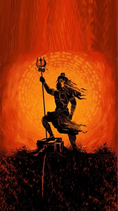 a painting of a person holding a sceptacle in front of an orange sky